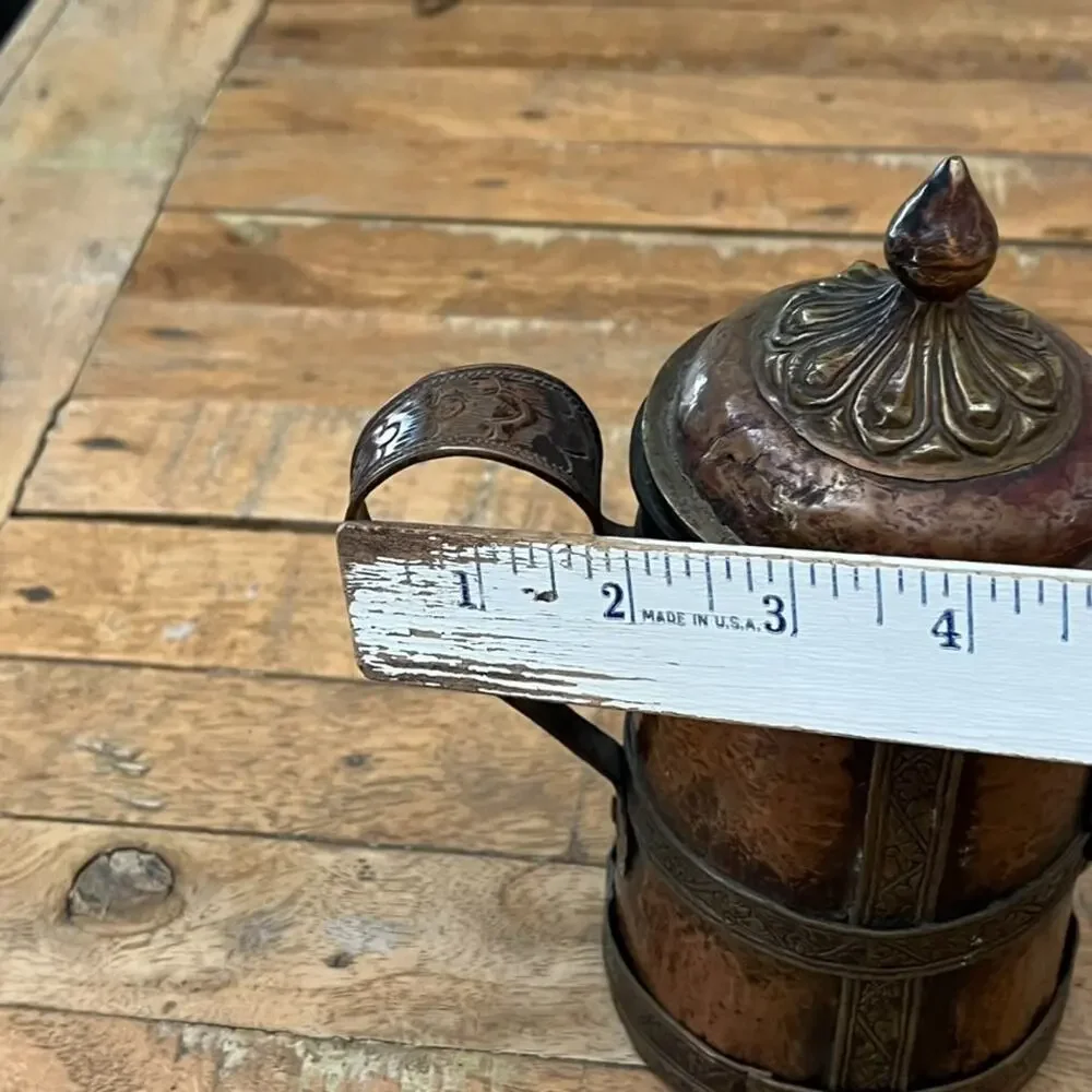 Antique Copper Brass Pitcher 7.5 in Ornate Detailed Embossing w/ Lid